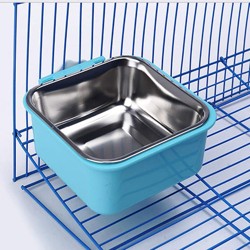 Love Dream Crate Dog Cat Bowls, Removable Stainless Steel Hanging Pet Cage Bowls Kennel, Food Water Feeder Bowls with Bolt Holder for Puppy Cat Rabbite Birds (Large, Blue)