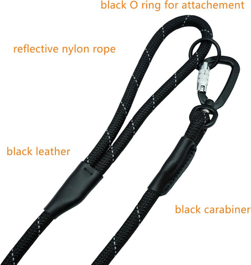 Carabiner Dog Leash 6ft, Durable Nylon Rope with Aviation Aluminum Carabiner, Reflective for Small Medium Large Dogs