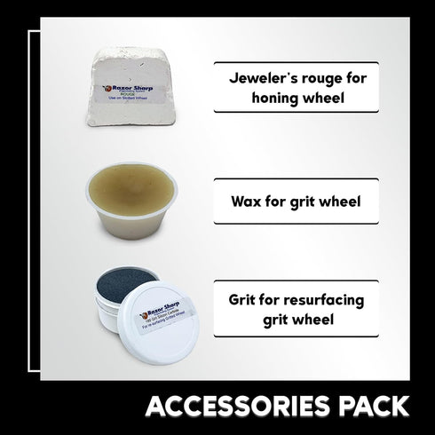 Razor Sharp Edgemaking System Pack Accessories Including Conditioning Wax, Jewelers Rouge and Silicon Carbide Grit |