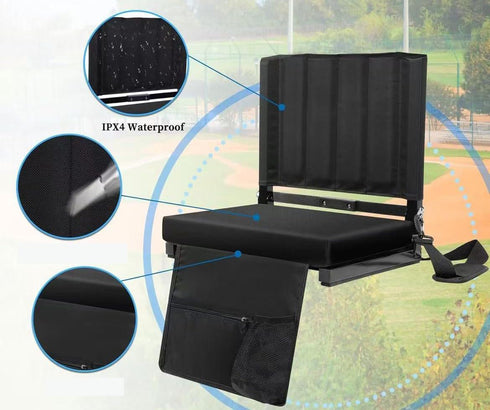 Generic Deluxe Stadium Seat Cushion with Back Support, Black, Portable Folding Chair, Storage Pocket, Padded Bleacher