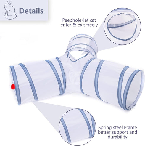 Cat Tunnel Collapsible Tube with 1 Play Ball Toys - 3 Ways Tunnels for Indoor Cats, Puppy, Rabbit (White and Gray)