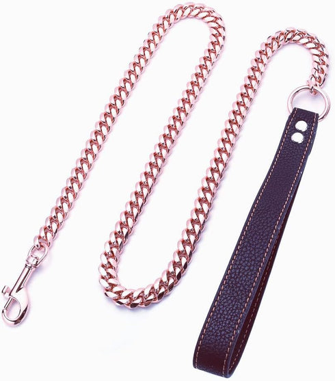 Rose Gold Dog Chain Leash - 10MM 14MM Curb Cuban Link, Strong Chew Proof Stainless Steel, 3FT/4FT/5FT for Small Medium