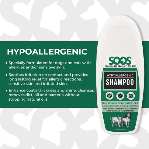 Soos Hypoallergenic Pet Shampoo for Cats and Dogs, Natural Dead Sea Minerals, 250ml Fast Absorbing Skin Soothing Formula