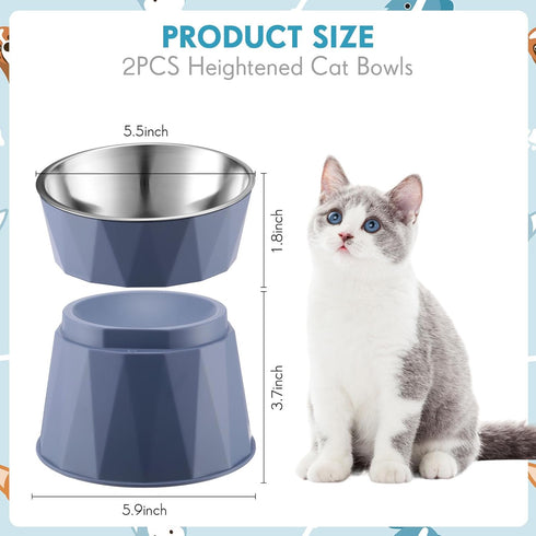 Cat Feeder, 2 Pcs Elevated Stainless Steel Bowls with Adjustable Raised Stand, Non-Slip Pet Food and Water Bowl for Cats, Dogs, Hygienic Feeding Eating Pets (Blue, White)
