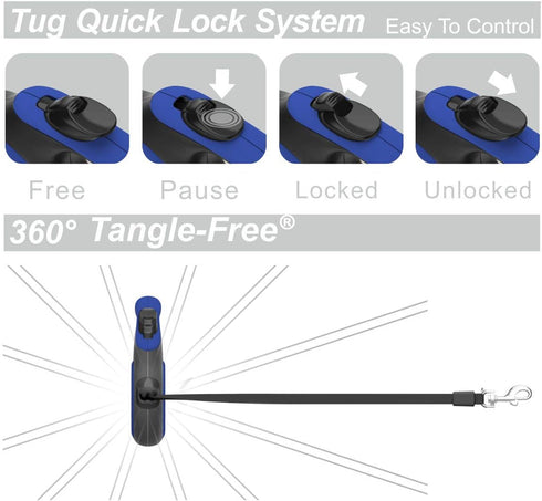 TUG 360° Tangle-Free Retractable Dog Leash with Anti-Slip Handle, 16 ft Strong Nylon Tape (Medium, Blue)