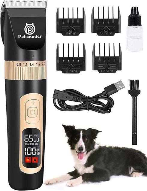 Dog Grooming Clippers, Low Noise Electric Trimmer, 4-Speed & LCD, Cordless Rechargeable Hair Clippers for Thick Coats