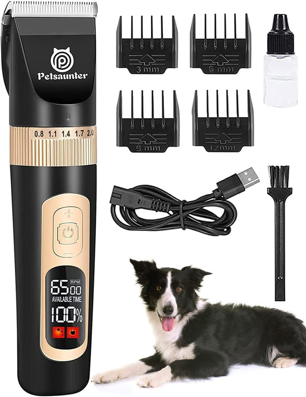 Dog Grooming Clippers, Low Noise Electric Trimmer, 4-Speed & LCD, Cordless Rechargeable Hair Clippers for Thick Coats