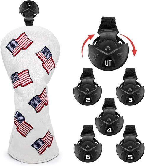 US Flag Patriotism Golf Club Head Covers | White for Driver, Fairway Hybrid Woods - 4 Options - Synthetic Leather Set