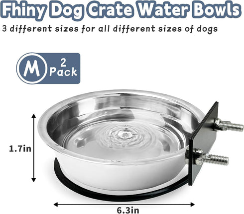 Fhiny 2Pack Dog Crate Water Bowl - Stainless Steel No Spill Bowls for Kennel, Hanging Food & Water Feeder (M)