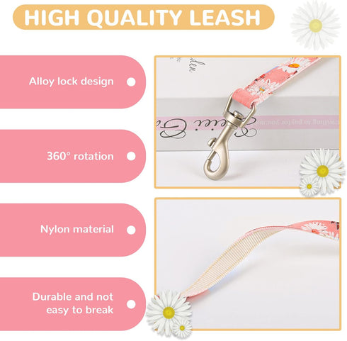 Dog Harness and Leash Set with Bow Knot, No Pull Pet Daisy Floral Harness with D-Ring Soft Mesh Vest for Small Girl