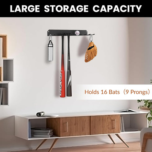 Wall Mount Baseball Bat Rack, Holds 16 Bats, Heavy Duty Organizer for Home Gym Sports Equipment