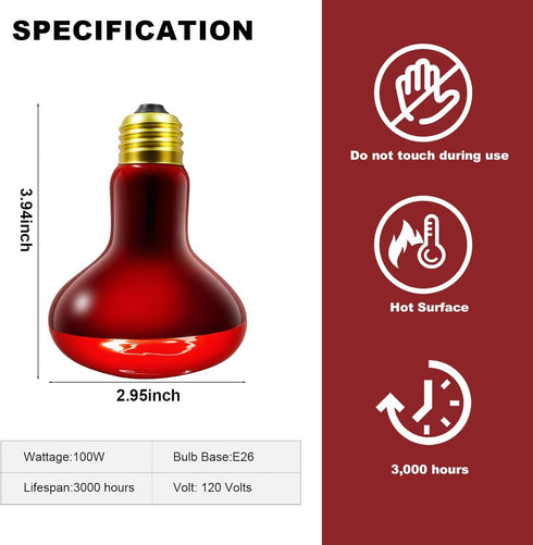 100W Bulbs, 2 Pack Bulbs Bulbs MIXJOY Infrared Heat Lamp Reptile Infrared Heat Emitter Red Heat Lamp Infrared Basking