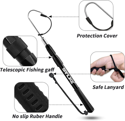 SANLIKE Telescopic Fish Gaff, Stainless Sea Fishing Spear Hook Tackle, Soft Handle Aluminium Alloy Pole for Saltwater