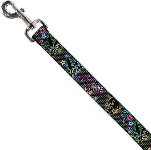 Buckle-Down Pet Leash - Electric Tinkerbell Poses/Stripes Black/Multi Neon - 4 Feet Long - 1/2" Wide