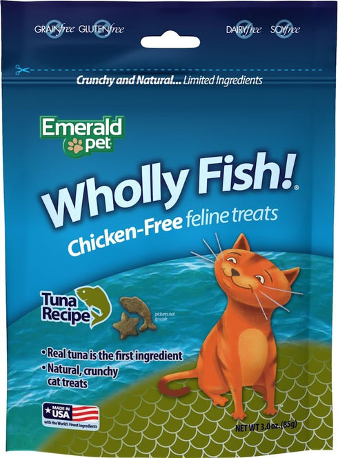 Wholly Fish! Chicken-Free Feline Treats, EMERALD PET Tuna Recipe — Crunchy Tuna Cat Treats with Real Tuna — Grain Free,