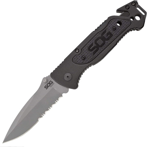 SOG Escape Tactical Folding Pocket Knife - 3.4 Inch Serrated Edge Blade with Glass Breaker, Black