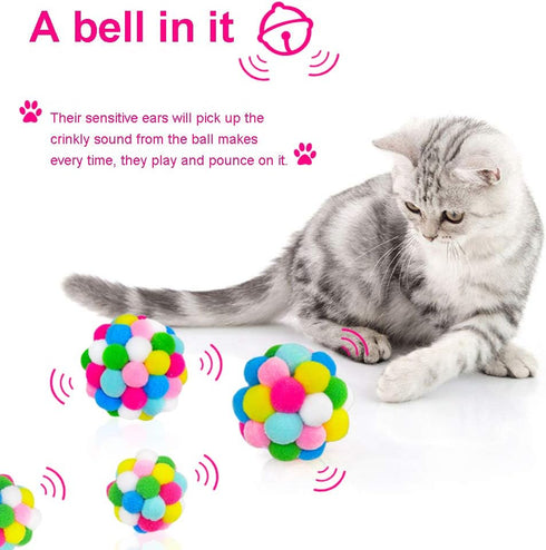 MAIYU Cat Toy Balls (4 PCS) - Colorful Interactive Cat Ball Toy with Built-in Bell, Soft Pompom Balls for Indoor Cats
