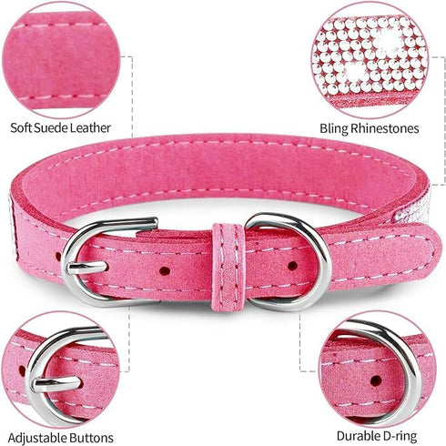 Hotlion Bling Rhinestone Dog Collar, Cute Dazzling Crystal Diamond, Pink, for Small Dogs, Boys & Girls
