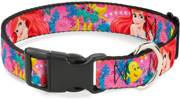 Buckle-Down Plastic Clip Collar - Large Ariel/Flounder/Fish Trio Poses Pinks - 1.5" Wide - Fits 18-32" Neck
