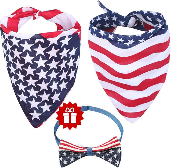 American Flag Dog Bandana Triangle Bibs Scarf with Bow Tie Accessories for Pets Dogs Animals
