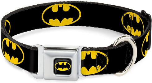 Dog Collar Seatbelt Buckle Batman Shield, Black Yellow, 15 to 26 Inches, 1.0 Inch Wide