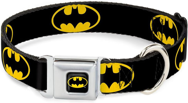 Dog Collar Seatbelt Buckle Batman Shield, Black Yellow, 15 to 26 Inches, 1.0 Inch Wide