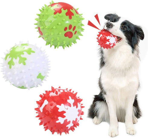 Vehomy Christmas Squeaky Dog Toys, 3Pcs Spicy Chewing Balls with Snowflake Pattern for Small Medium Large Dogs