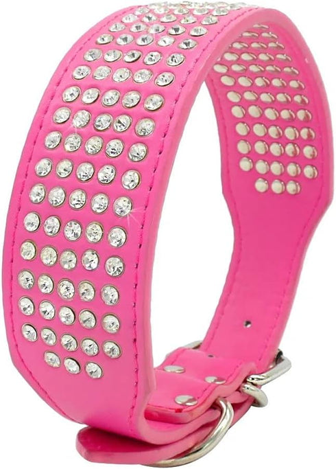 Rhinestones Dog Collars - 2" Width with 5 Rows Full Sparkly Crystal Diamonds Studded PU Leather - Beautiful Bling Pet