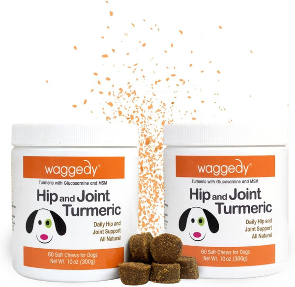 waggedy Hip and Joint Turmeric - Dog Supplements for Joints with Glucosamine & MSM, All-Natural Daily Chews to Improve