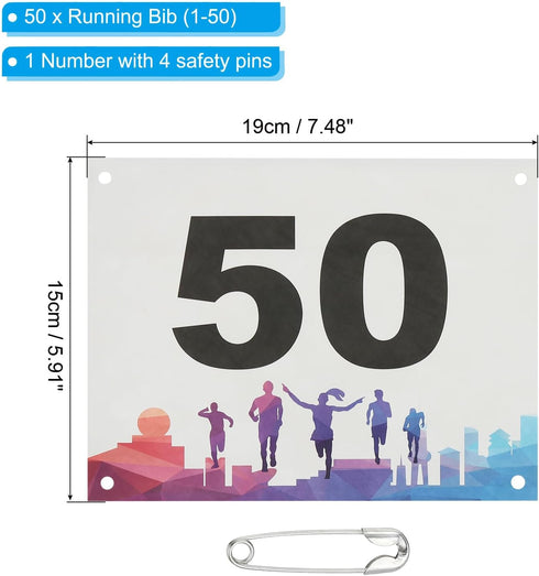 (Pack 50) Durable Waterproof Running Bib Numbers for Marathon Events - Multicolor