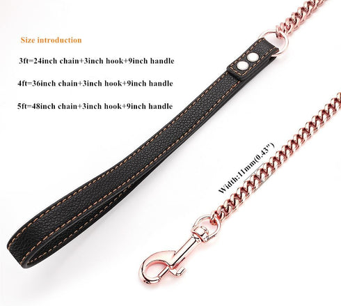 Rose Gold Dog Leash, 11mm Cuban Link Chain with Durable Stainless Steel Metal & Leather Handle, 3FT/4FT/5FT