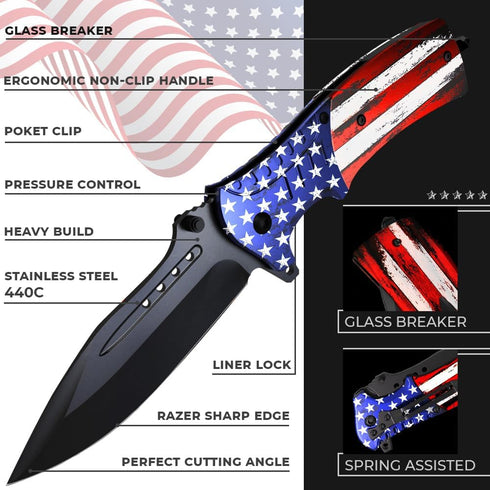Grand Way Spring Assisted Pocket Knife, American Flag Tactical Knife for Men and Boys, Folding Knife