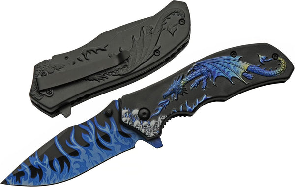 SZCO Supplies 8” Blue Dragon Decaled Liner Lock Folding Knife with Pocket Clip