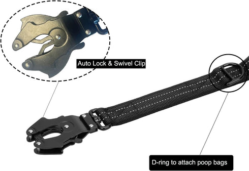ICEFANG 25 Inch Reflective Nylon Traffic Leash - Heavy Duty Auto Lock Clip for Medium Large Dogs (Black)