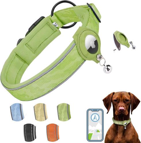 Heavy Duty Reflective AirTag Dog Collar, Padded Adjustable Pet Collar for Small Medium Large Dogs, Green, M