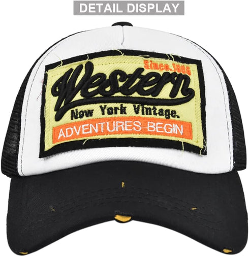 Vintage Half Mesh Baseball Cap, Washed Denim Trucker Hat with Embroidery Adjustable Unisex