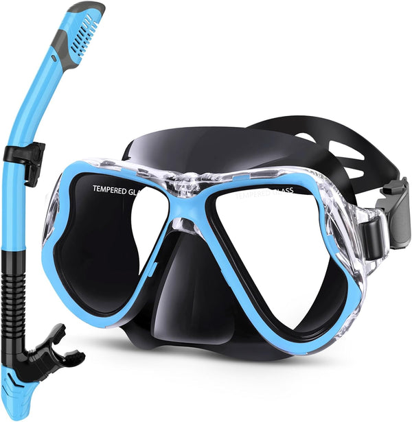 Greatever Dry Snorkel Set,Panoramic Wide View Anti-Fog Scuba Diving Mask,Professional Snorkeling Gear