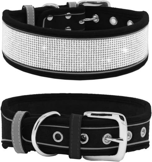 Bling Rhinestone Dog Collar, Soft Comfortable Stylish Collar with Bright Reflective Stripe, Adjustable Diamond Crystal