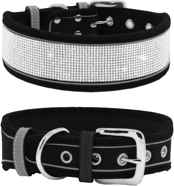 Bling Rhinestone Dog Collar, Soft Comfortable Stylish Collar with Bright Reflective Stripe, Adjustable Diamond Crystal