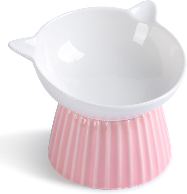 Ceramic Raised Cat Bowl, Tilted Anti Vomit Feeder for Indoor Cats, Microwave & Dishwasher Safe