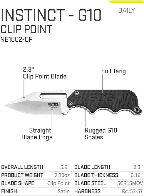SOG Instinct Small Fixed Blade Knife - EDC Neck Boot Knife, 2.3 Inch Full Tang Blade with Sheath and Clip, Black