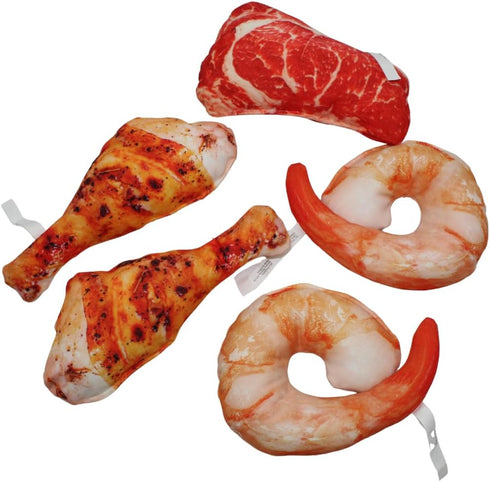 Puppy Play Toys Squeaky Dog Toys 5-Pack: Realistic Steak, Chicken Leg & Shrimp Plush Chew