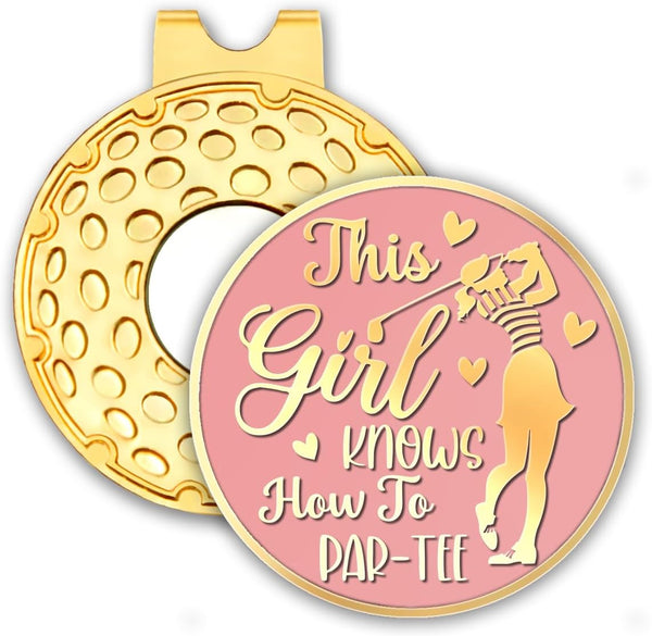 This Girl Knows How to Par Tee Pink Gold Golf Ball Marker with Hat Clip, Funny Accessories for Women, Christmas Gift