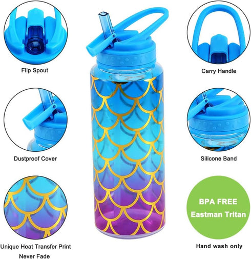 Home Tune Cute Water Bottle with Straw - BPA FREE Tritan, Leak Proof, 32oz/950ml, Pretty Design, Mermaid