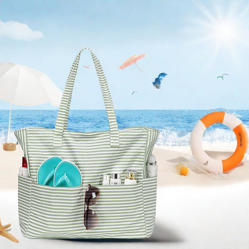 LEDAOU Large Waterproof Beach Tote Bag for Women, Sandproof Zipper Tote for Pool Gym Grocery Travel with Wet Pocket