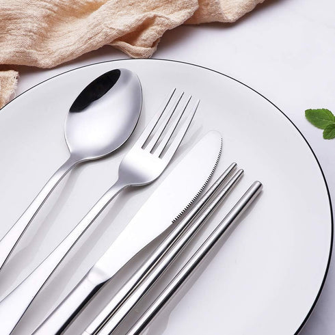 Portable Stainless Steel Flatware Set with Waterproof Case, Travel Camping Cutlery Set, Silverware Dinnerware Set