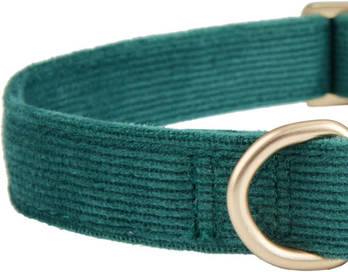 Dark Green Soft Corduroy Dog Collar and Leash Set, Adjustable Cotton Collars with Metal Buckle for Small Dogs