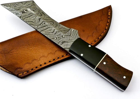 Rare Custom Damascus Tanto Hunting Knife | Best Outdoor Skinning Knife with Rose Wood Handle & Leather Sheath (S-6468)