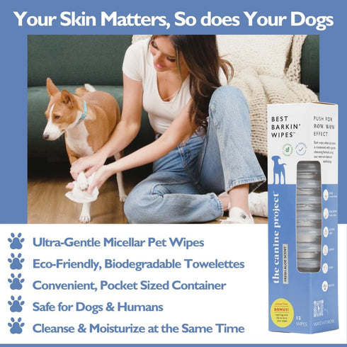 Best BARKIN' Wipes - Dog Wipes for Paws, Ears, and Butt - Micellar Aloe Scented - Travel Friendly - 12-Pack with Free