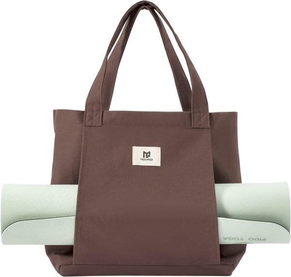 Moyaqi Canvas Tote Bag with Yoga Mat Carrier Pocket Carryall Shoulder Bag